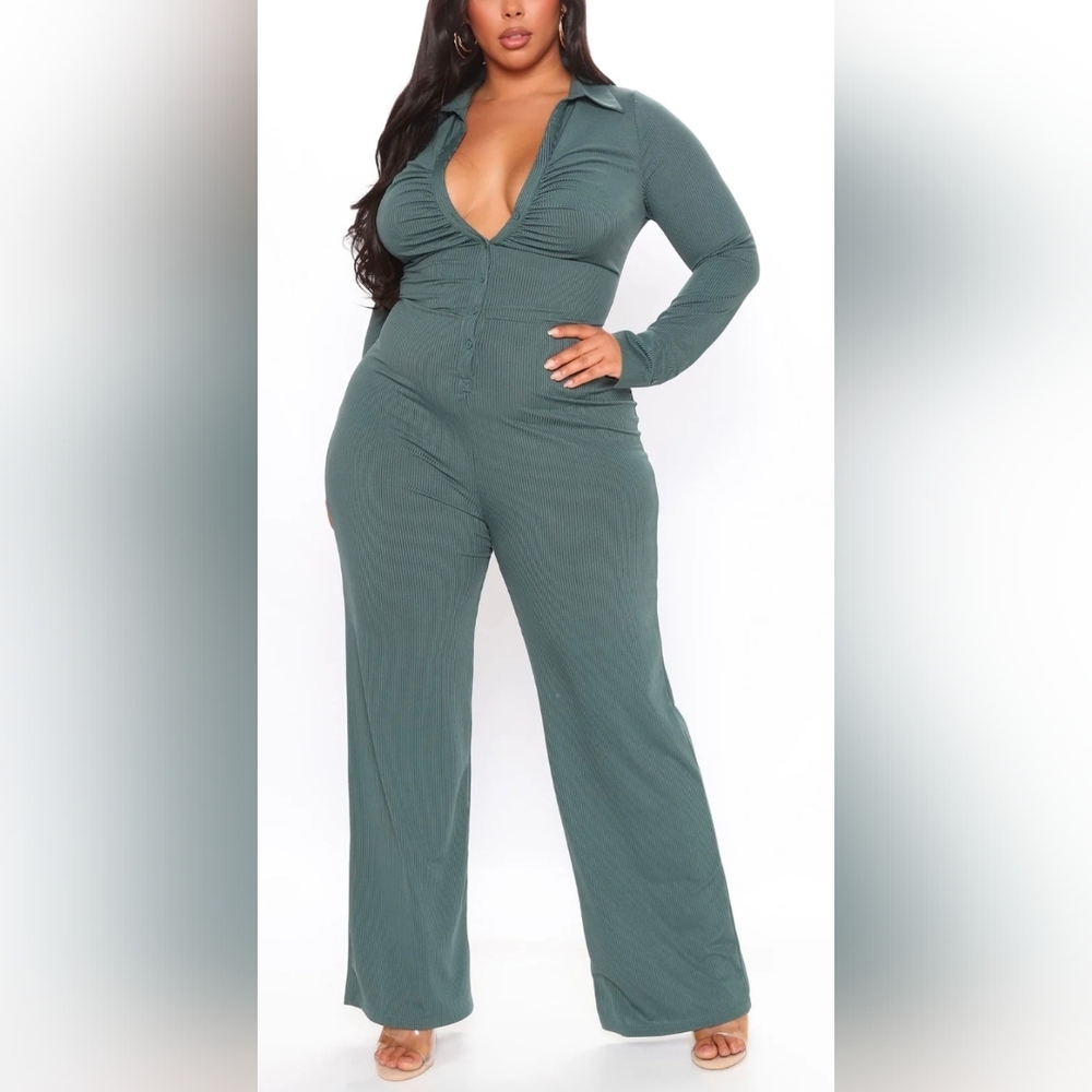 Fashion Nova Ribbed Teal Long Sleeve Button-Front Jumpsuit – Size 3X